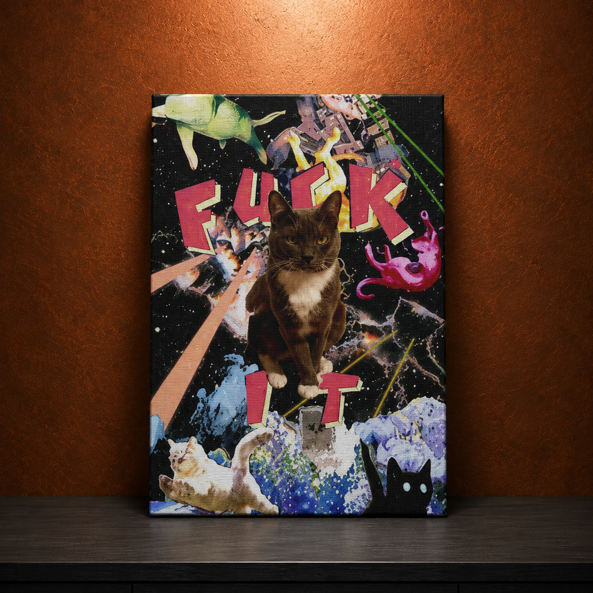 FUCK IT — Psychedelic Cosmic Cat | Trippy Pop canvas 🐈‍⬛🌌