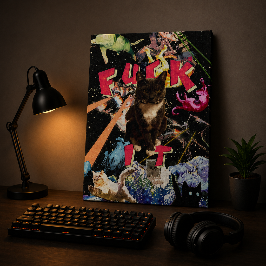 FUCK IT — Psychedelic Cosmic Cat | Trippy Pop canvas 🐈‍⬛🌌