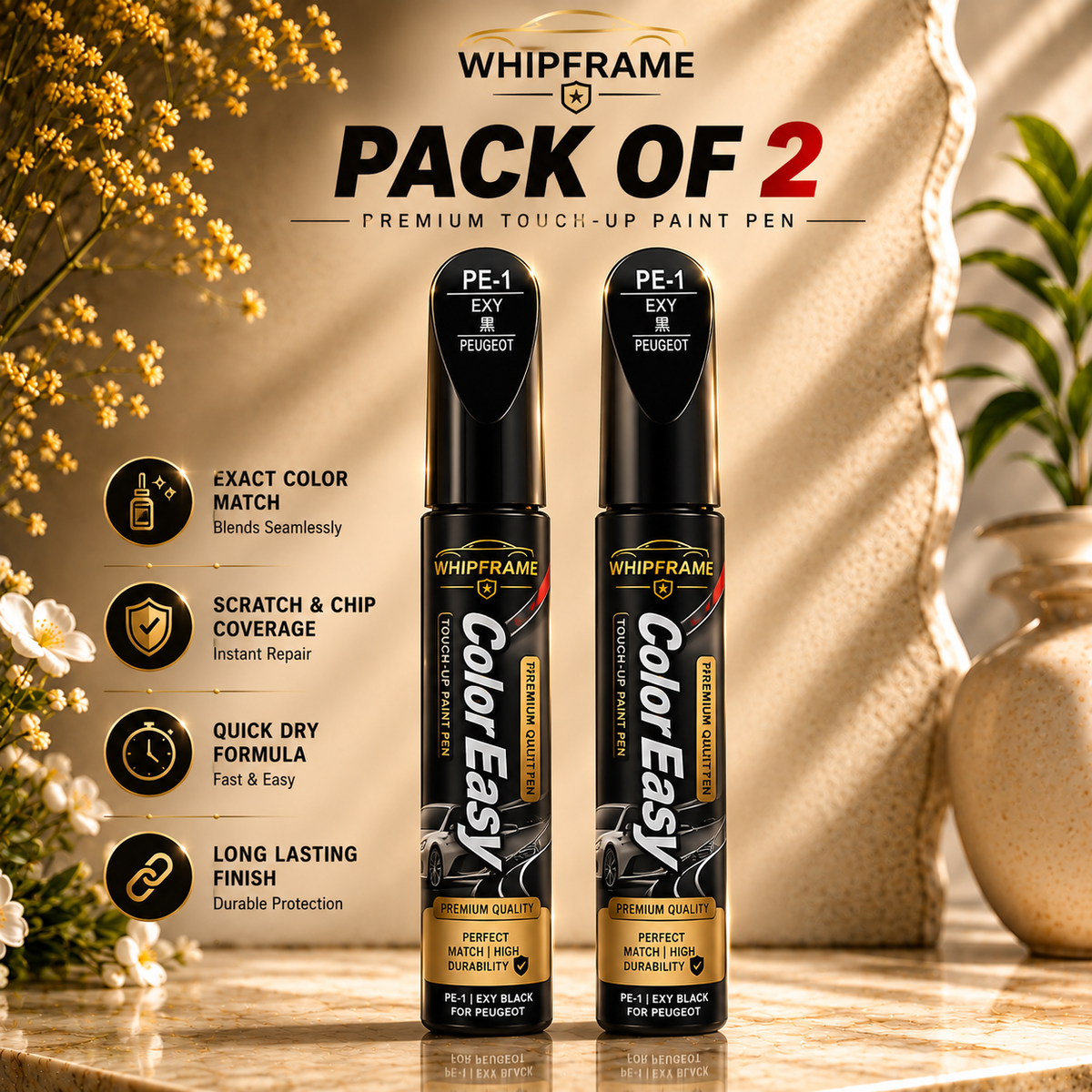 WHIPFRAME Car Scratch Repair Touch-Up Paint Pen – 2-in-1 Scratch & Paint Chip Repair (Pack of 2)
